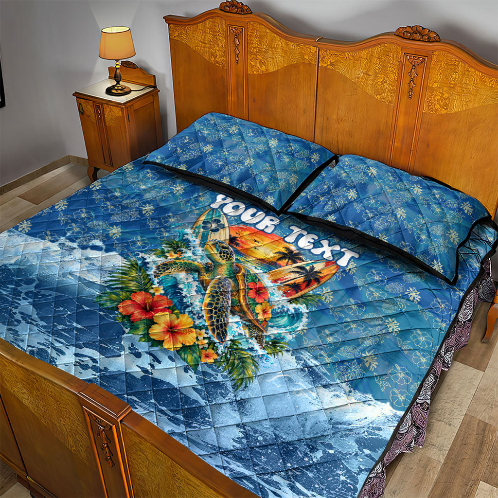 Personalized Hawaii 60th Birthday Sea Turtle Quilt Bed Set Tropical Ocean Wave Floral Surfboard