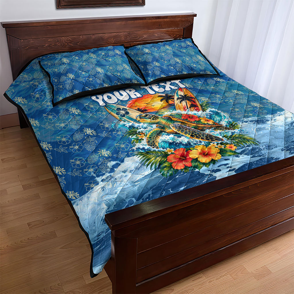 Personalized Hawaii 60th Birthday Sea Turtle Quilt Bed Set Tropical Ocean Wave Floral Surfboard