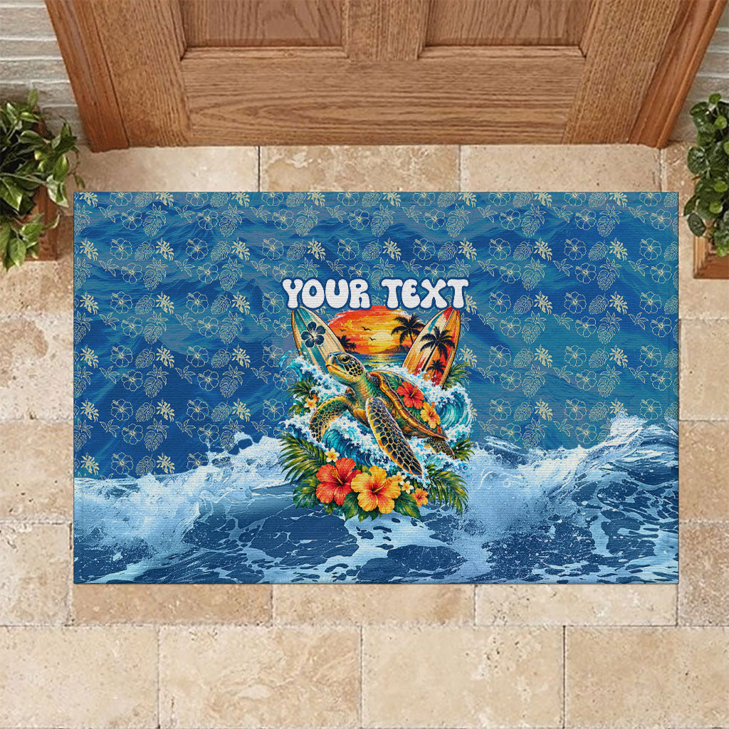 Personalized Hawaii 60th Birthday Sea Turtle Rubber Doormat Tropical Ocean Wave Floral Surfboard