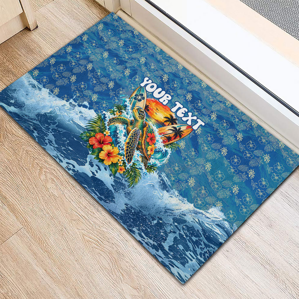 Personalized Hawaii 60th Birthday Sea Turtle Rubber Doormat Tropical Ocean Wave Floral Surfboard