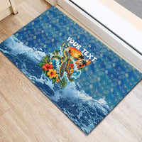 Personalized Hawaii 60th Birthday Sea Turtle Rubber Doormat Tropical Ocean Wave Floral Surfboard