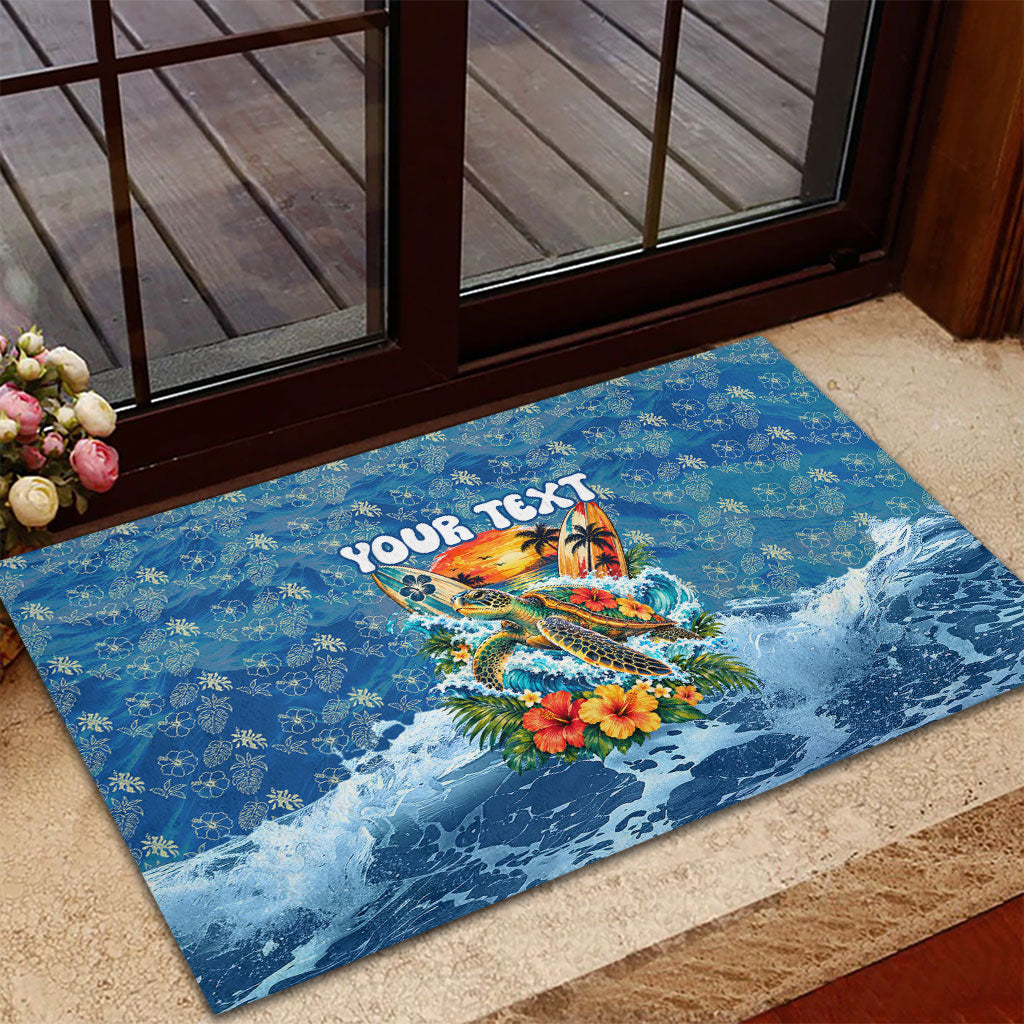 Personalized Hawaii 60th Birthday Sea Turtle Rubber Doormat Tropical Ocean Wave Floral Surfboard