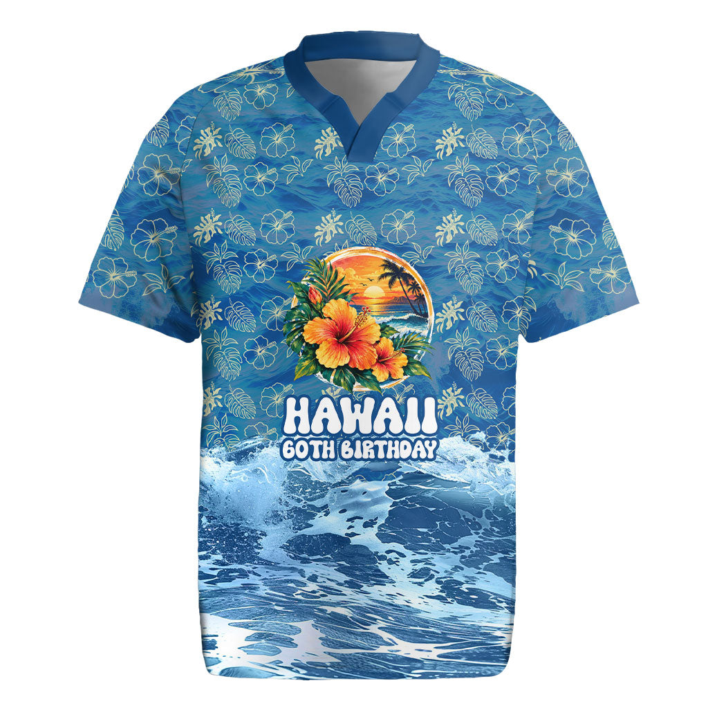 Personalized Hawaii 60th Birthday Sea Turtle Rugby Jersey Tropical Ocean Wave Floral Surfboard TS04 Blue Yellow - Polynesian Pride