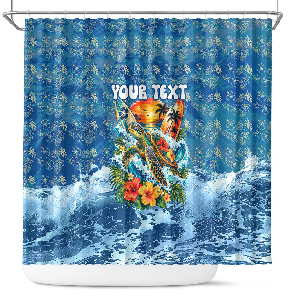 Personalized Hawaii 60th Birthday Sea Turtle Shower Curtain Tropical Ocean Wave Floral Surfboard TS04 Blue Yellow - Polynesian Pride