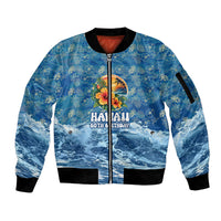 Personalized Hawaii 60th Birthday Sea Turtle Sleeve Zip Bomber Jacket Tropical Ocean Wave Floral Surfboard TS04 Unisex Blue Yellow - Polynesian Pride