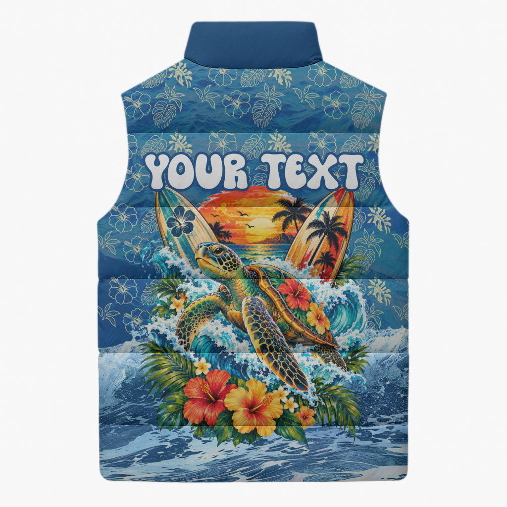 Personalized Hawaii 60th Birthday Sea Turtle Sleeveless Puffer Jacket Tropical Ocean Wave Floral Surfboard TS04 - Polynesian Pride
