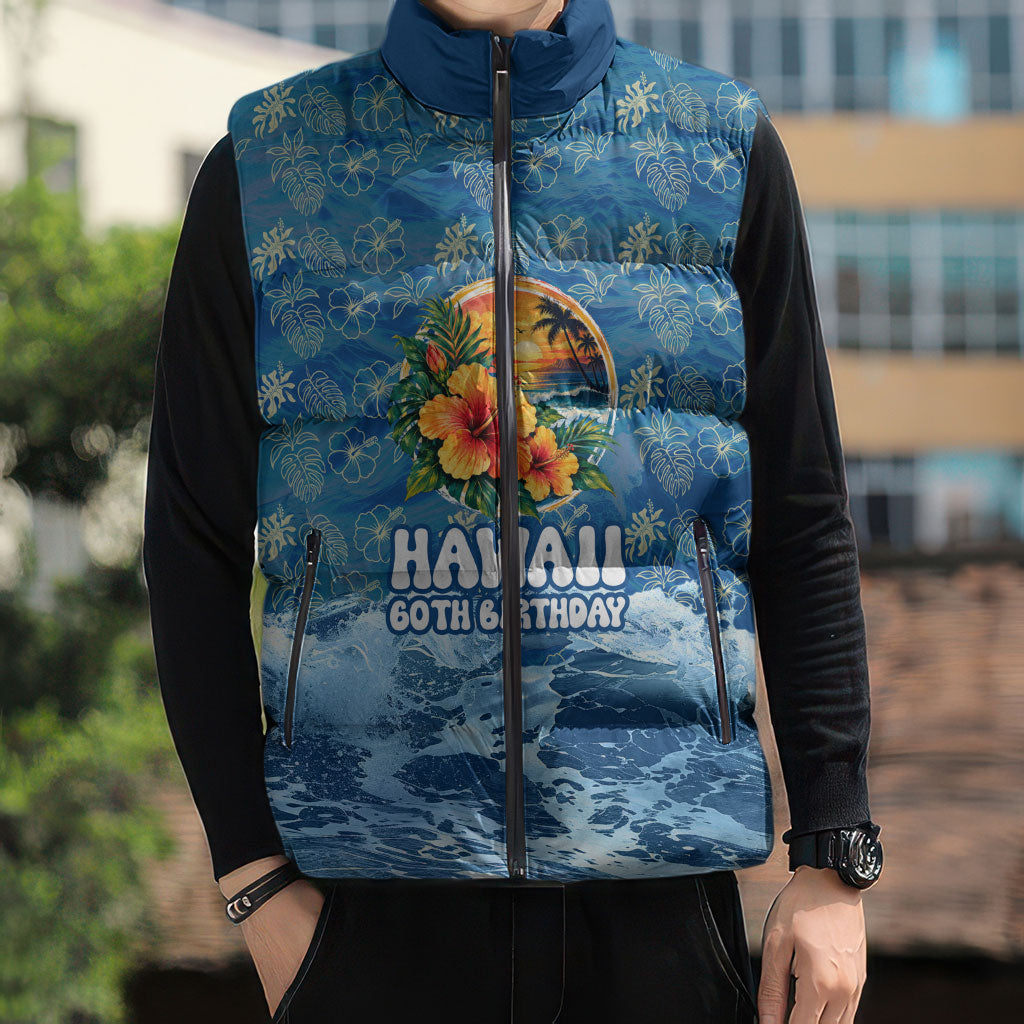 Personalized Hawaii 60th Birthday Sea Turtle Sleeveless Puffer Jacket Tropical Ocean Wave Floral Surfboard TS04 - Polynesian Pride