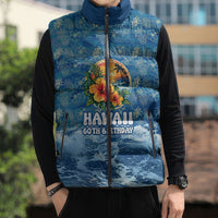 Personalized Hawaii 60th Birthday Sea Turtle Sleeveless Puffer Jacket Tropical Ocean Wave Floral Surfboard TS04 - Polynesian Pride