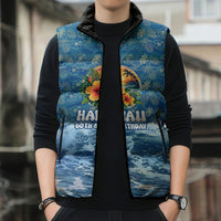 Personalized Hawaii 60th Birthday Sea Turtle Sleeveless Puffer Jacket Tropical Ocean Wave Floral Surfboard TS04 - Polynesian Pride