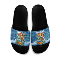 Personalized Hawaii 60th Birthday Sea Turtle Slide Sandals Tropical Ocean Wave Floral Surfboard