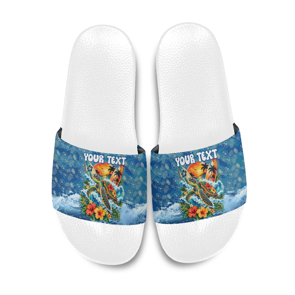 Personalized Hawaii 60th Birthday Sea Turtle Slide Sandals Tropical Ocean Wave Floral Surfboard