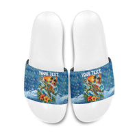 Personalized Hawaii 60th Birthday Sea Turtle Slide Sandals Tropical Ocean Wave Floral Surfboard
