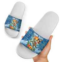 Personalized Hawaii 60th Birthday Sea Turtle Slide Sandals Tropical Ocean Wave Floral Surfboard