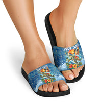 Personalized Hawaii 60th Birthday Sea Turtle Slide Sandals Tropical Ocean Wave Floral Surfboard