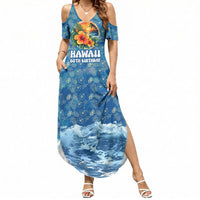Personalized Hawaii 60th Birthday Sea Turtle Summer Maxi Dress Tropical Ocean Wave Floral Surfboard TS04 Women Blue Yellow - Polynesian Pride