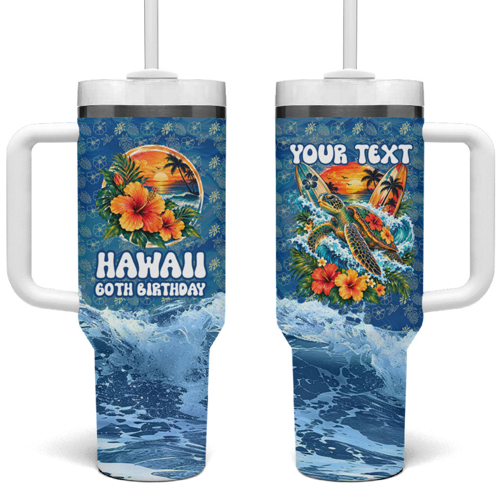 Personalized Hawaii 60th Birthday Sea Turtle Tumbler With Handle Tropical Ocean Wave Floral Surfboard TS04 One Size: 40 oz Blue Yellow - Polynesian Pride