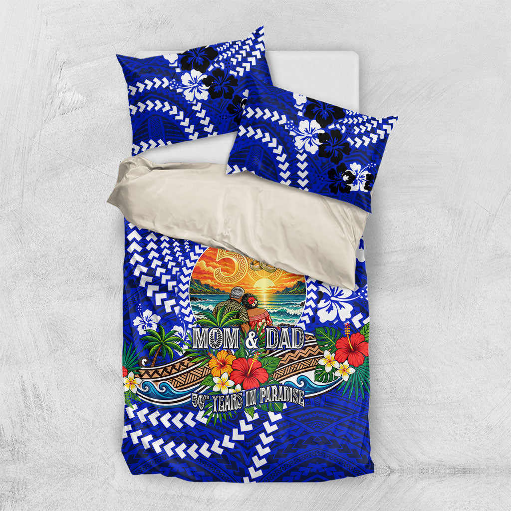 50th Anniversary Wedding Polynesian Bedding Set Mom And Dad Floral Tribal Jubilee Tropical TS04 US Twin 172cm x 218cm Blue - Polynesian Pride