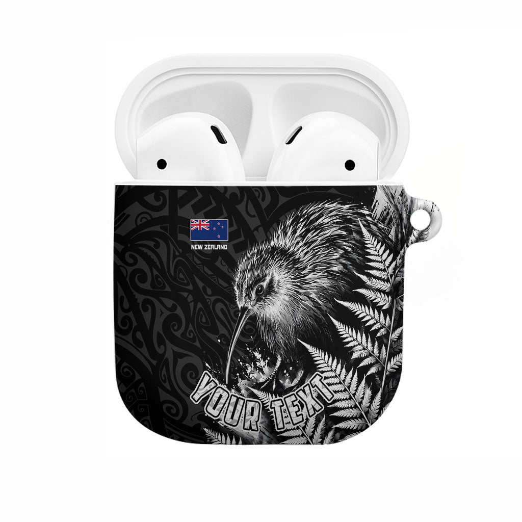 Personalized New Zealand Kiwi Bird AirPods Case Grunge Maori Tribal Pattern Silver Fern TS04 Black White - Polynesian Pride