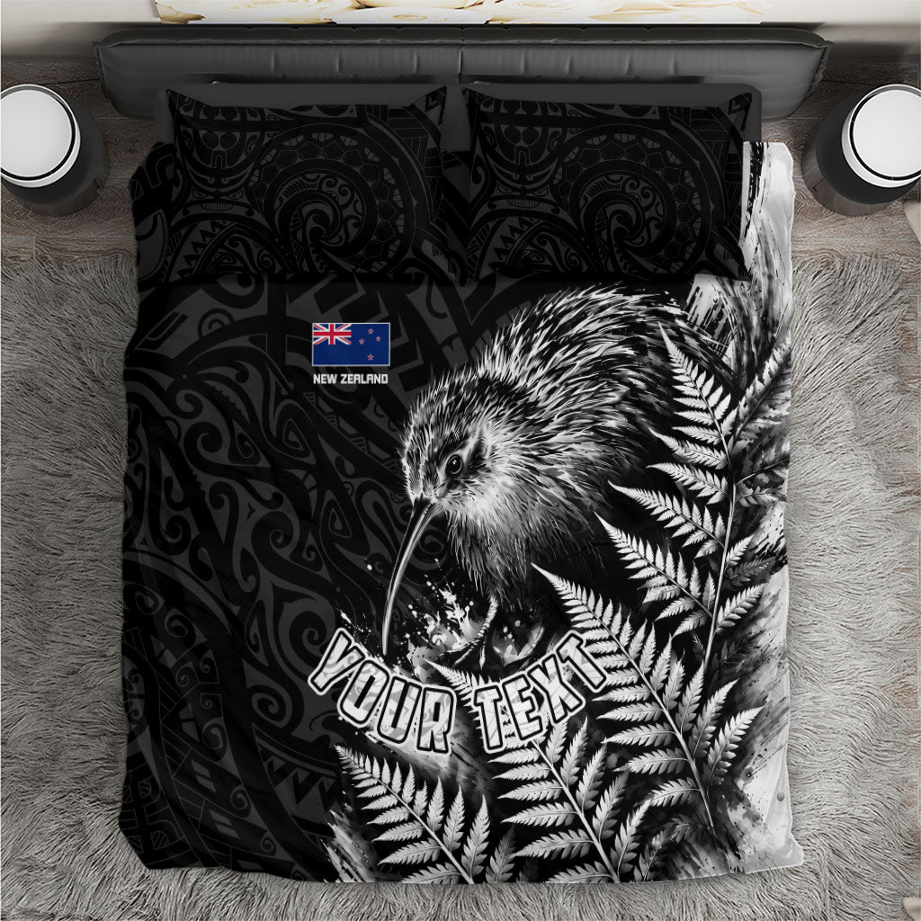 Personalized New Zealand Kiwi Bird Bedding Set Grunge Maori Tribal Pattern Silver Fern TS04 Black White - Polynesian Pride