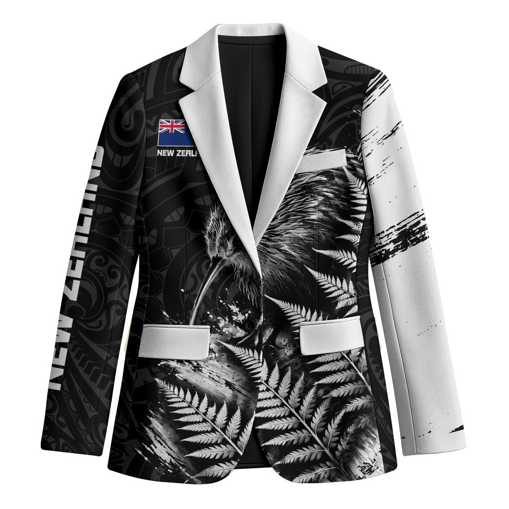 Personalized New Zealand Kiwi Bird Blazer Grunge Maori Tribal Pattern Silver Fern TS04 Unisex Black White - Polynesian Pride