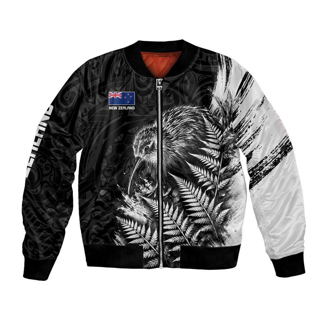 Personalized New Zealand Kiwi Bird Bomber Jacket Grunge Maori Tribal Pattern Silver Fern