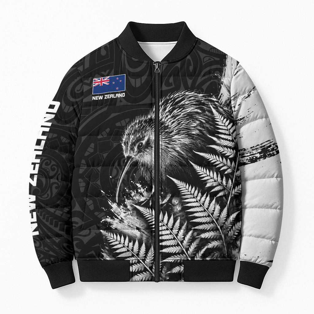Personalized New Zealand Kiwi Bird Bomber Puffer Jacket Grunge Maori Tribal Pattern Silver Fern TS04 Unisex Black White - Polynesian Pride
