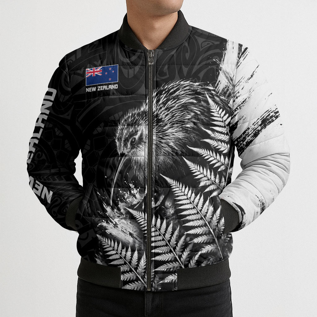 Personalized New Zealand Kiwi Bird Bomber Puffer Jacket Grunge Maori Tribal Pattern Silver Fern