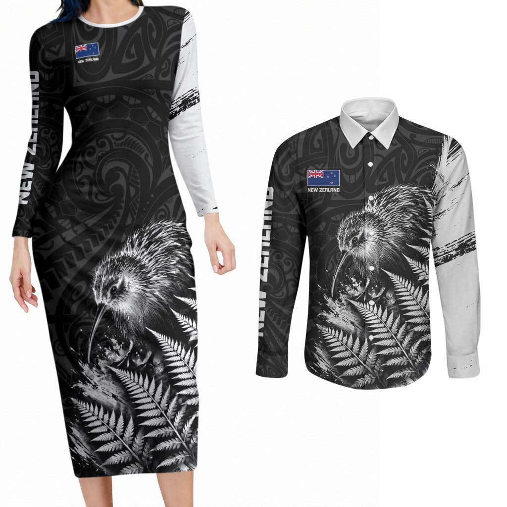 Personalized New Zealand Kiwi Bird Couples Matching Long Sleeve Bodycon Dress and Long Sleeve Button Shirt Grunge Maori Tribal Pattern Silver Fern TS04 Black White - Polynesian Pride