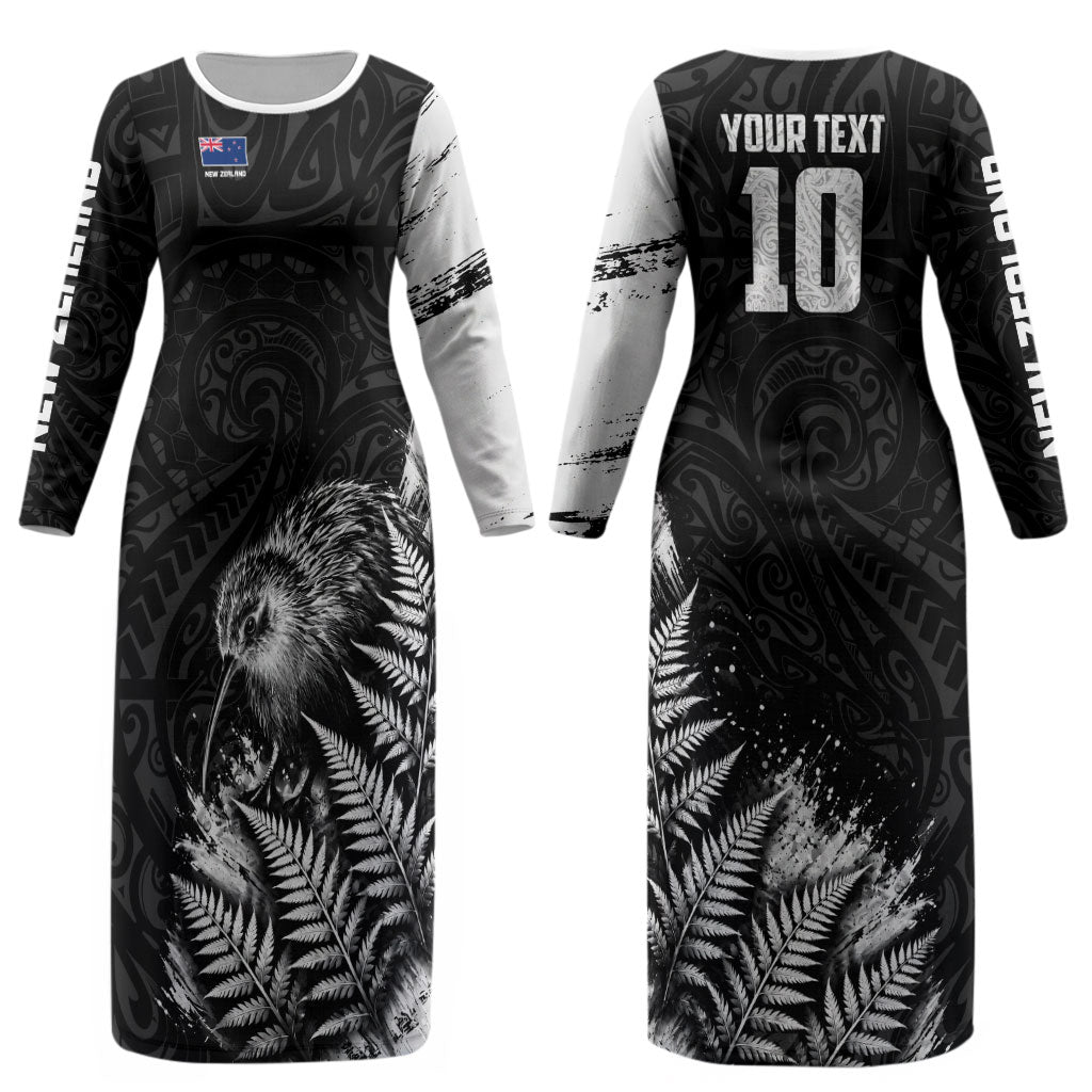Personalized New Zealand Kiwi Bird Couples Matching Long Sleeve Bodycon Dress and Long Sleeve Button Shirt Grunge Maori Tribal Pattern Silver Fern