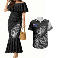 Personalized New Zealand Kiwi Bird Couples Matching Mermaid Dress and Hawaiian Shirt Grunge Maori Tribal Pattern Silver Fern