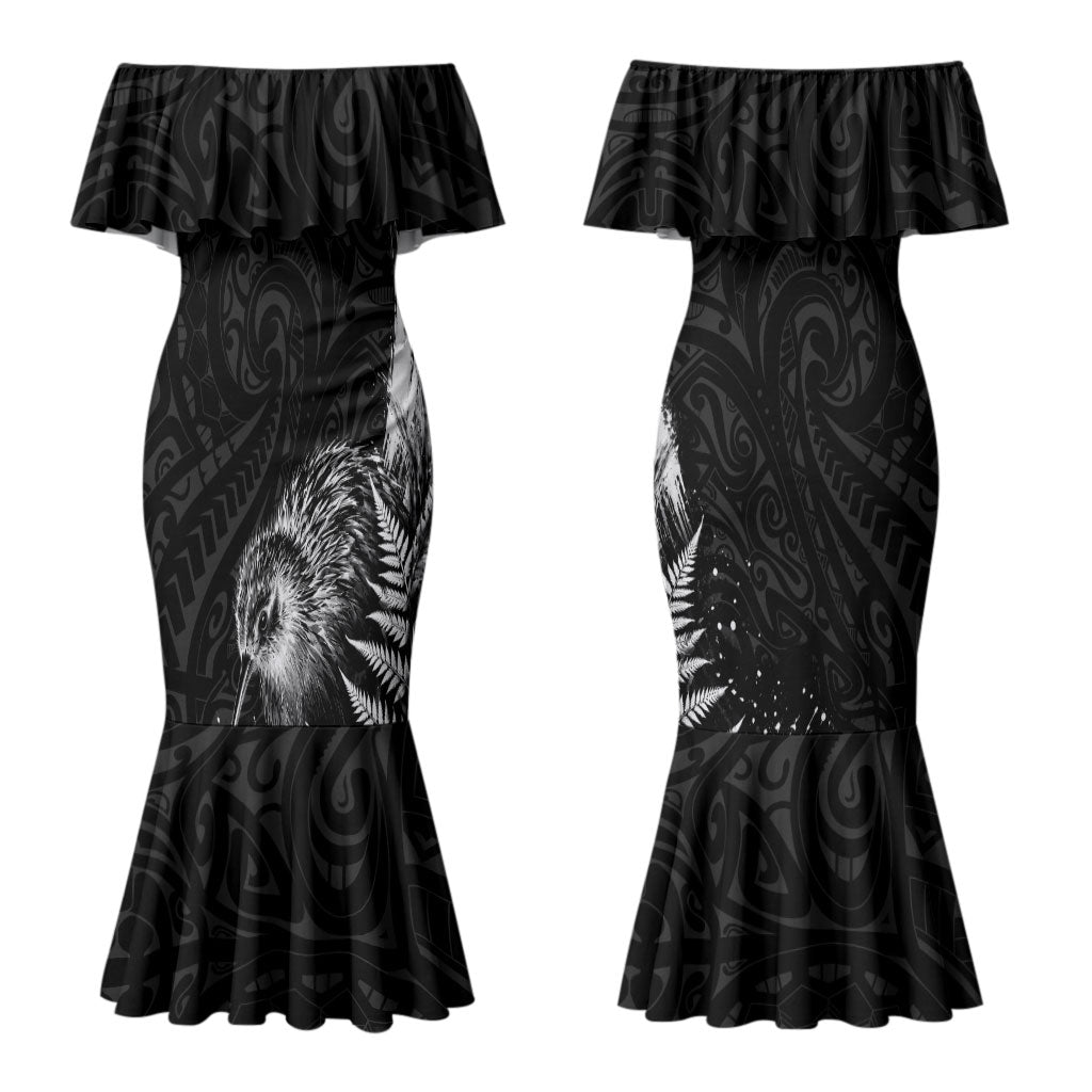 Personalized New Zealand Kiwi Bird Couples Matching Mermaid Dress and Long Sleeve Button Shirt Grunge Maori Tribal Pattern Silver Fern