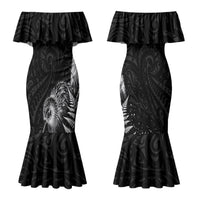 Personalized New Zealand Kiwi Bird Couples Matching Mermaid Dress and Long Sleeve Button Shirt Grunge Maori Tribal Pattern Silver Fern