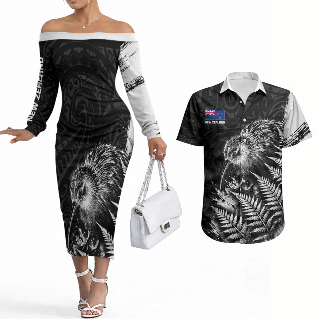 Personalized New Zealand Kiwi Bird Couples Matching Off The Shoulder Long Sleeve Dress and Hawaiian Shirt Grunge Maori Tribal Pattern Silver Fern TS04 Black White - Polynesian Pride