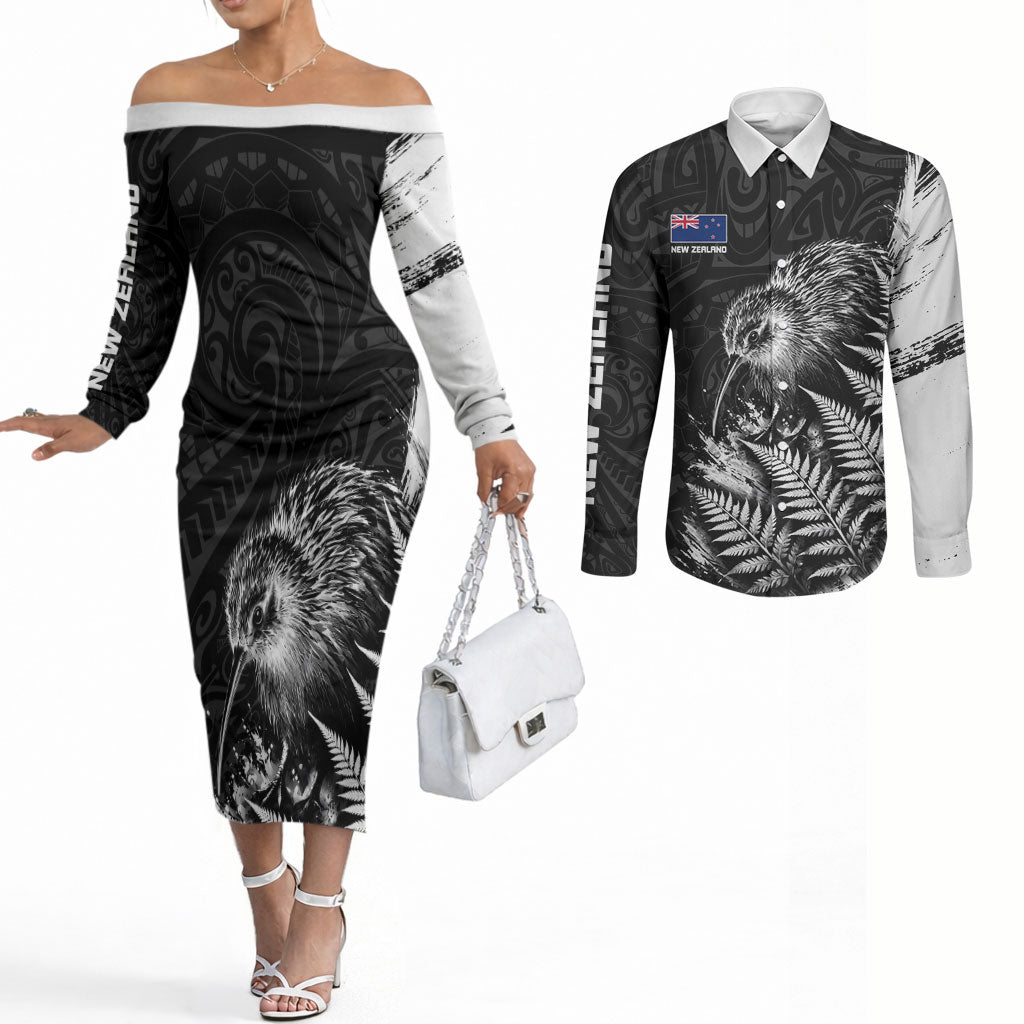 Personalized New Zealand Kiwi Bird Couples Matching Off The Shoulder Long Sleeve Dress and Long Sleeve Button Shirt Grunge Maori Tribal Pattern Silver Fern TS04 Black White - Polynesian Pride