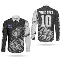 Personalized New Zealand Kiwi Bird Couples Matching Off The Shoulder Long Sleeve Dress and Long Sleeve Button Shirt Grunge Maori Tribal Pattern Silver Fern