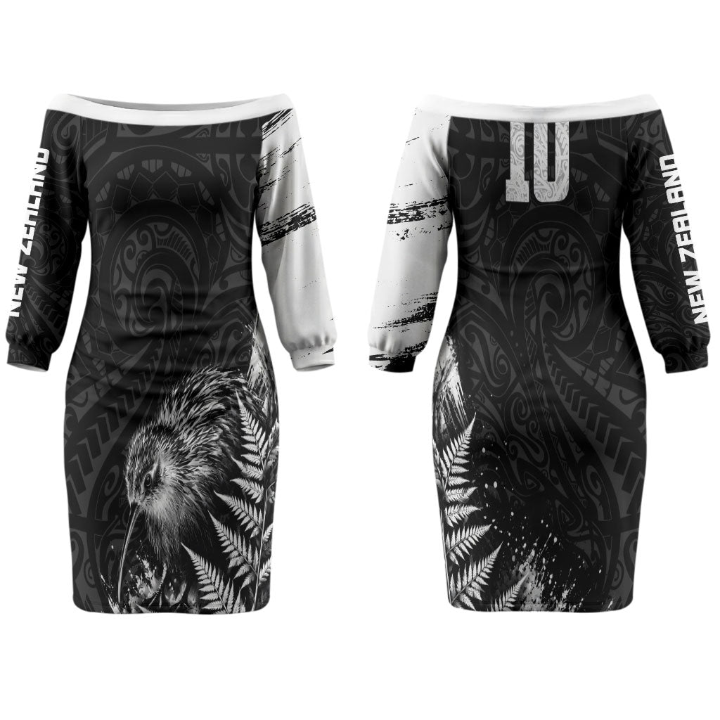 Personalized New Zealand Kiwi Bird Couples Matching Off The Shoulder Long Sleeve Dress and Long Sleeve Button Shirt Grunge Maori Tribal Pattern Silver Fern