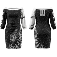 Personalized New Zealand Kiwi Bird Couples Matching Off The Shoulder Long Sleeve Dress and Long Sleeve Button Shirt Grunge Maori Tribal Pattern Silver Fern