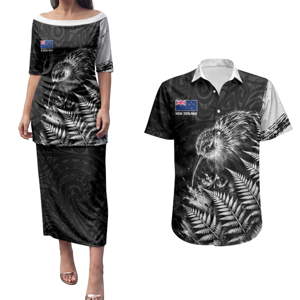 Personalized New Zealand Kiwi Bird Couples Matching Puletasi and Hawaiian Shirt Grunge Maori Tribal Pattern Silver Fern TS04 Black White - Polynesian Pride