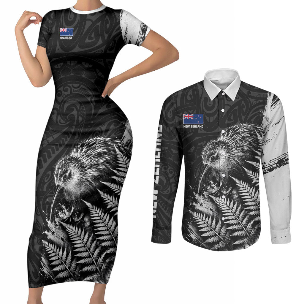 Personalized New Zealand Kiwi Bird Couples Matching Short Sleeve Bodycon Dress and Long Sleeve Button Shirt Grunge Maori Tribal Pattern Silver Fern