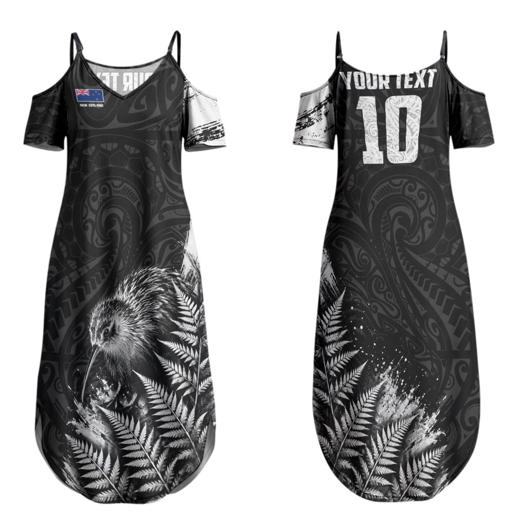 Personalized New Zealand Kiwi Bird Couples Matching Summer Maxi Dress and Long Sleeve Button Shirt Grunge Maori Tribal Pattern Silver Fern