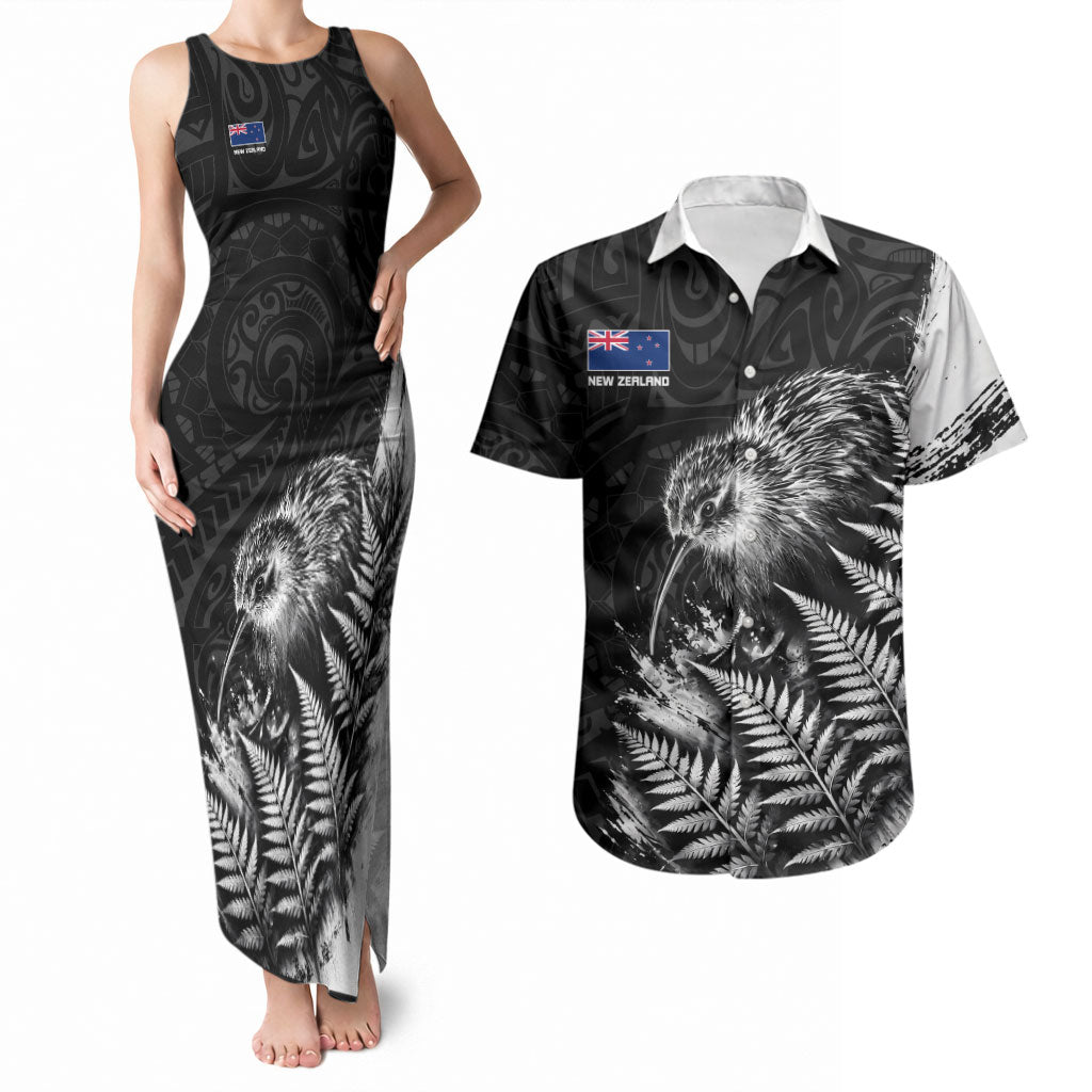 Personalized New Zealand Kiwi Bird Couples Matching Tank Maxi Dress and Hawaiian Shirt Grunge Maori Tribal Pattern Silver Fern TS04 Black White - Polynesian Pride