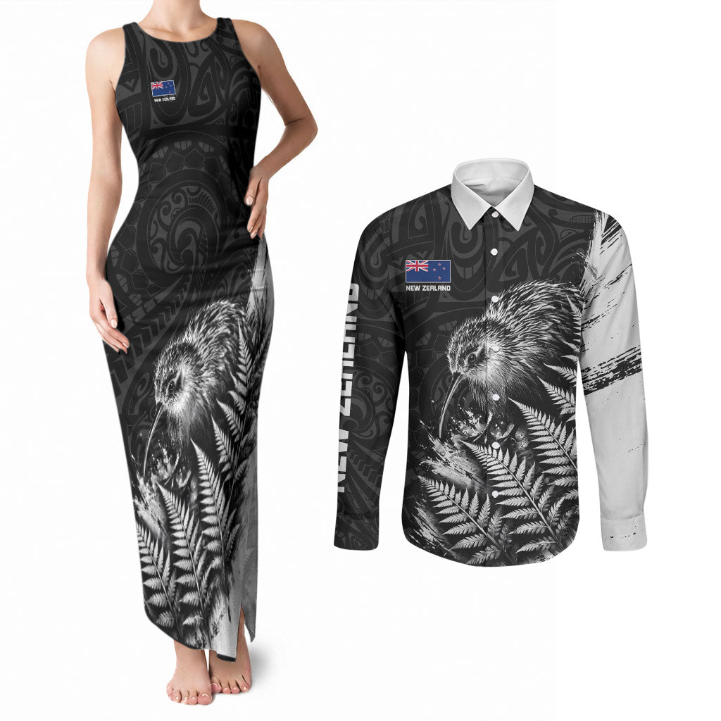 Personalized New Zealand Kiwi Bird Couples Matching Tank Maxi Dress and Long Sleeve Button Shirt Grunge Maori Tribal Pattern Silver Fern