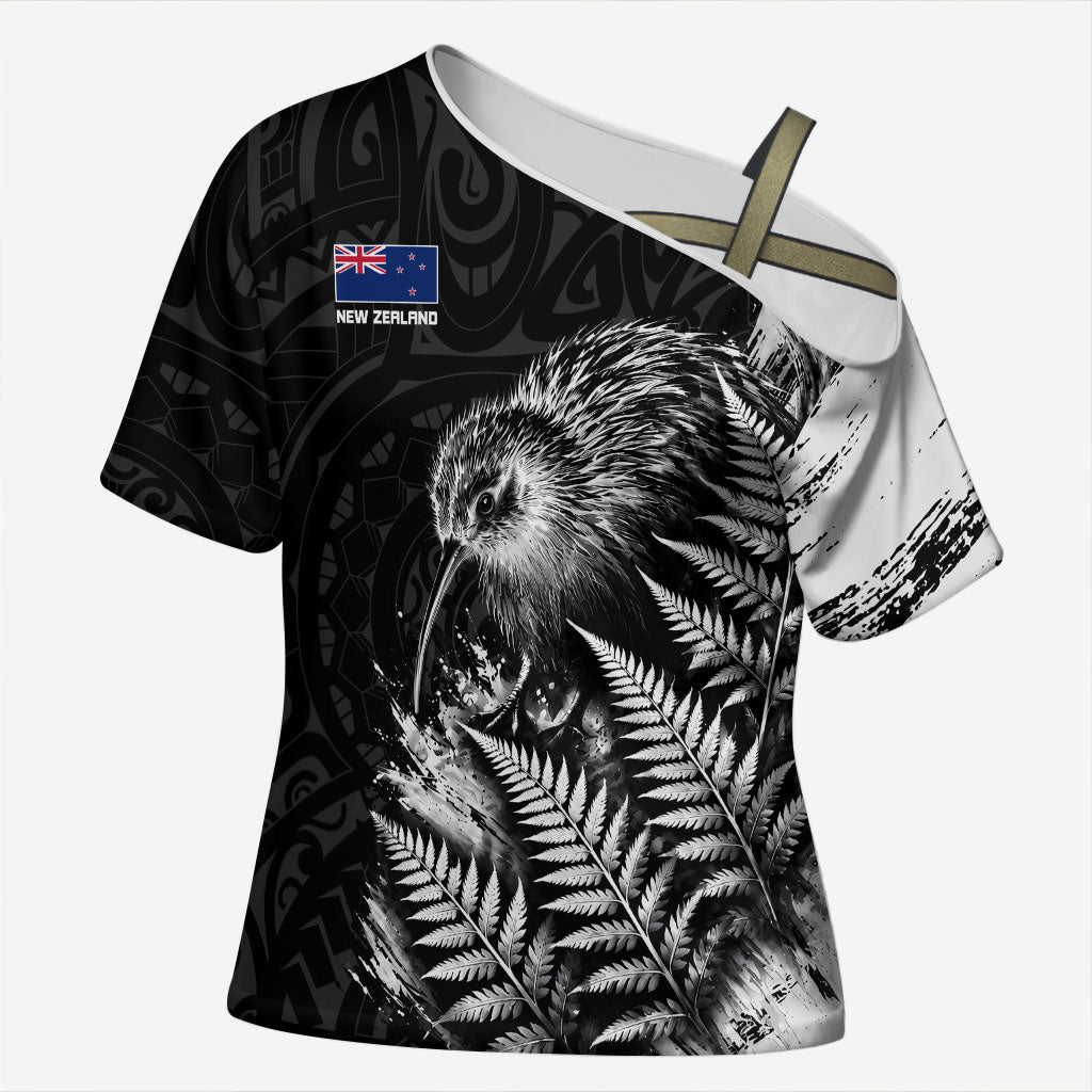 Personalized New Zealand Kiwi Bird Cross Shoulder Shirt Grunge Maori Tribal Pattern Silver Fern