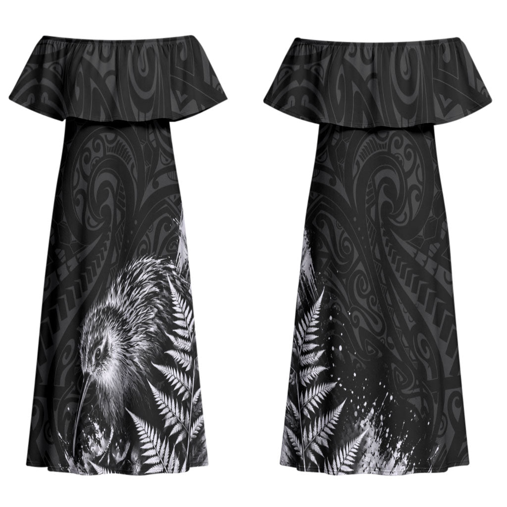 Personalized New Zealand Kiwi Bird Family Matching Off Shoulder Maxi Dress and Hawaiian Shirt Grunge Maori Tribal Pattern Silver Fern