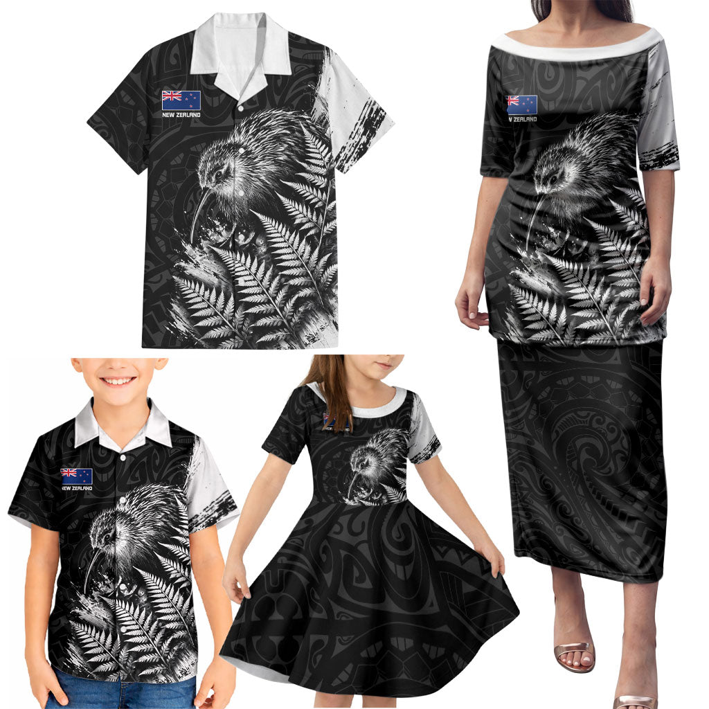 Personalized New Zealand Kiwi Bird Family Matching Puletasi and Hawaiian Shirt Grunge Maori Tribal Pattern Silver Fern