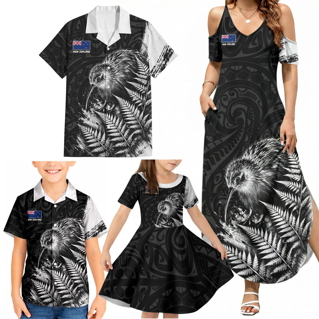 Personalized New Zealand Kiwi Bird Family Matching Summer Maxi Dress and Hawaiian Shirt Grunge Maori Tribal Pattern Silver Fern TS04 - Polynesian Pride