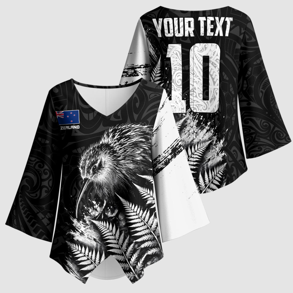 Personalized New Zealand Kiwi Bird Kimono Sleeve Blouse Grunge Maori Tribal Pattern Silver Fern