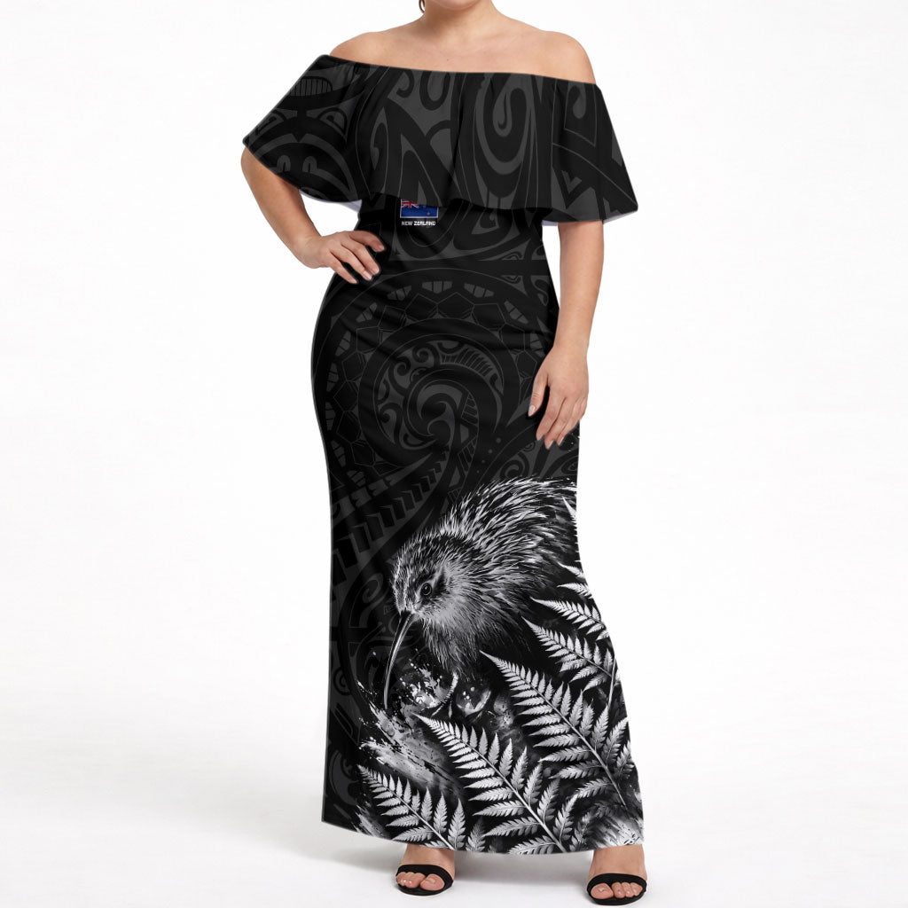 Personalized New Zealand Kiwi Bird Off Shoulder Maxi Dress Grunge Maori Tribal Pattern Silver Fern