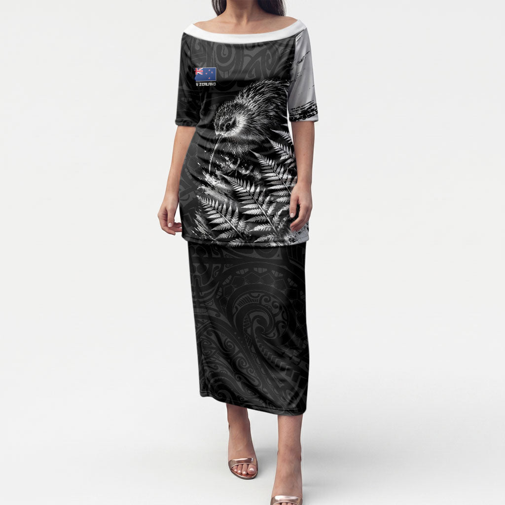 Personalized New Zealand Kiwi Bird Puletasi Grunge Maori Tribal Pattern Silver Fern TS04 Long Dress Black White - Polynesian Pride