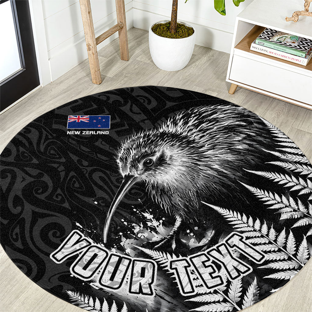 Personalized New Zealand Kiwi Bird Round Carpet Grunge Maori Tribal Pattern Silver Fern